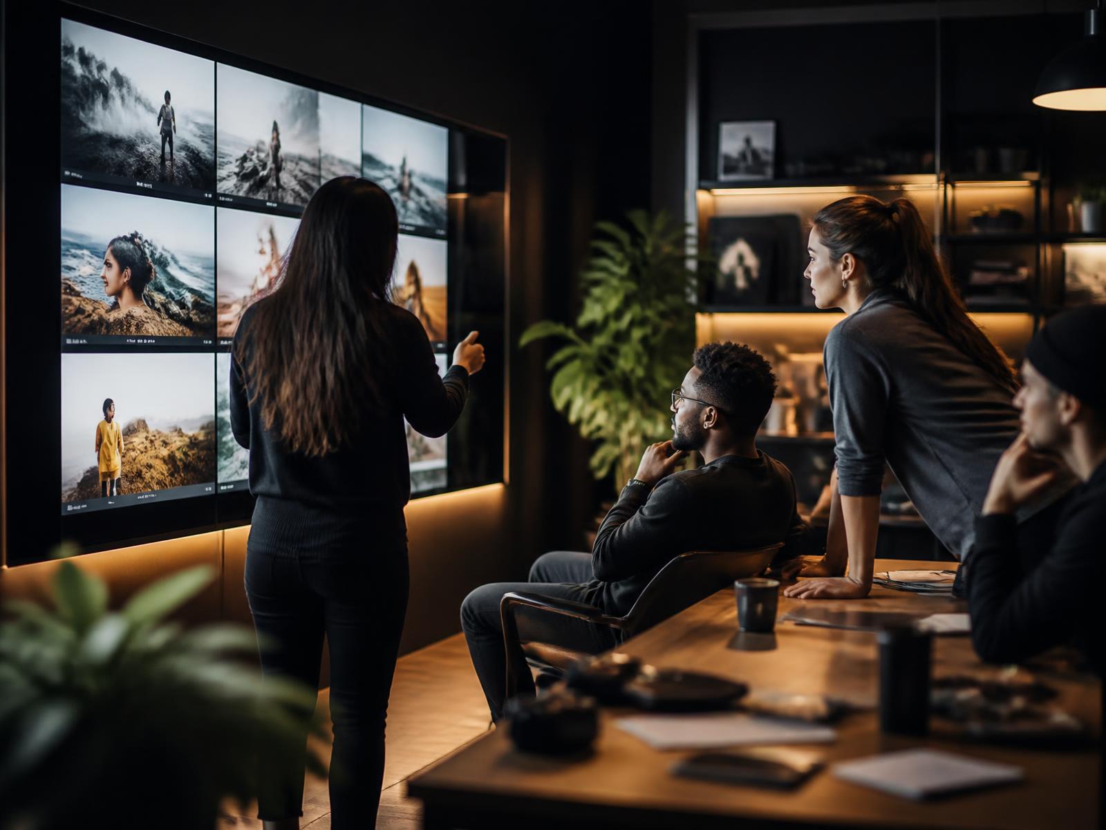 Smart Reach Marketing team reviewing social media content on studio screens